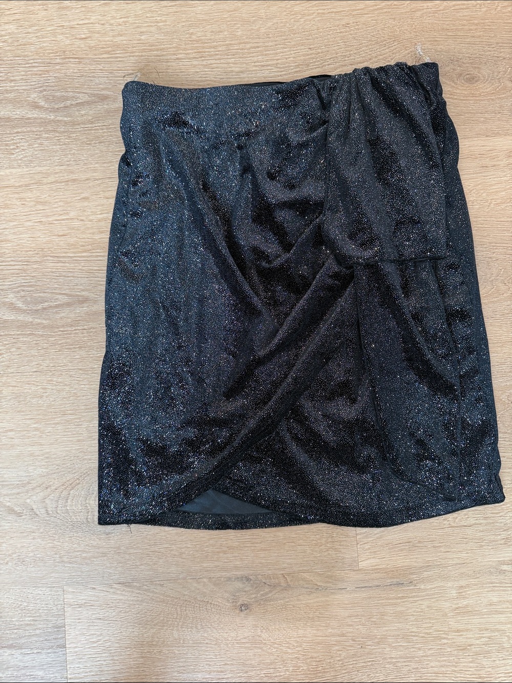 bebe Black Glitter Faux-Wrap Mini Skirt